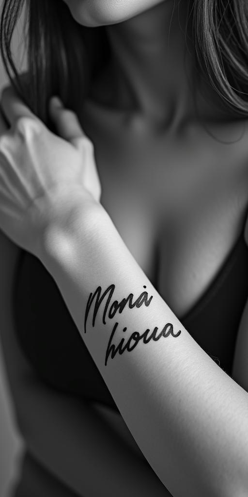 Momminimalist text-based tattoo, Monospace font ultra-realistic, perfectly placed, high-quality font design, photo-realistic shading, 8k, high quality, finely detailed typograph