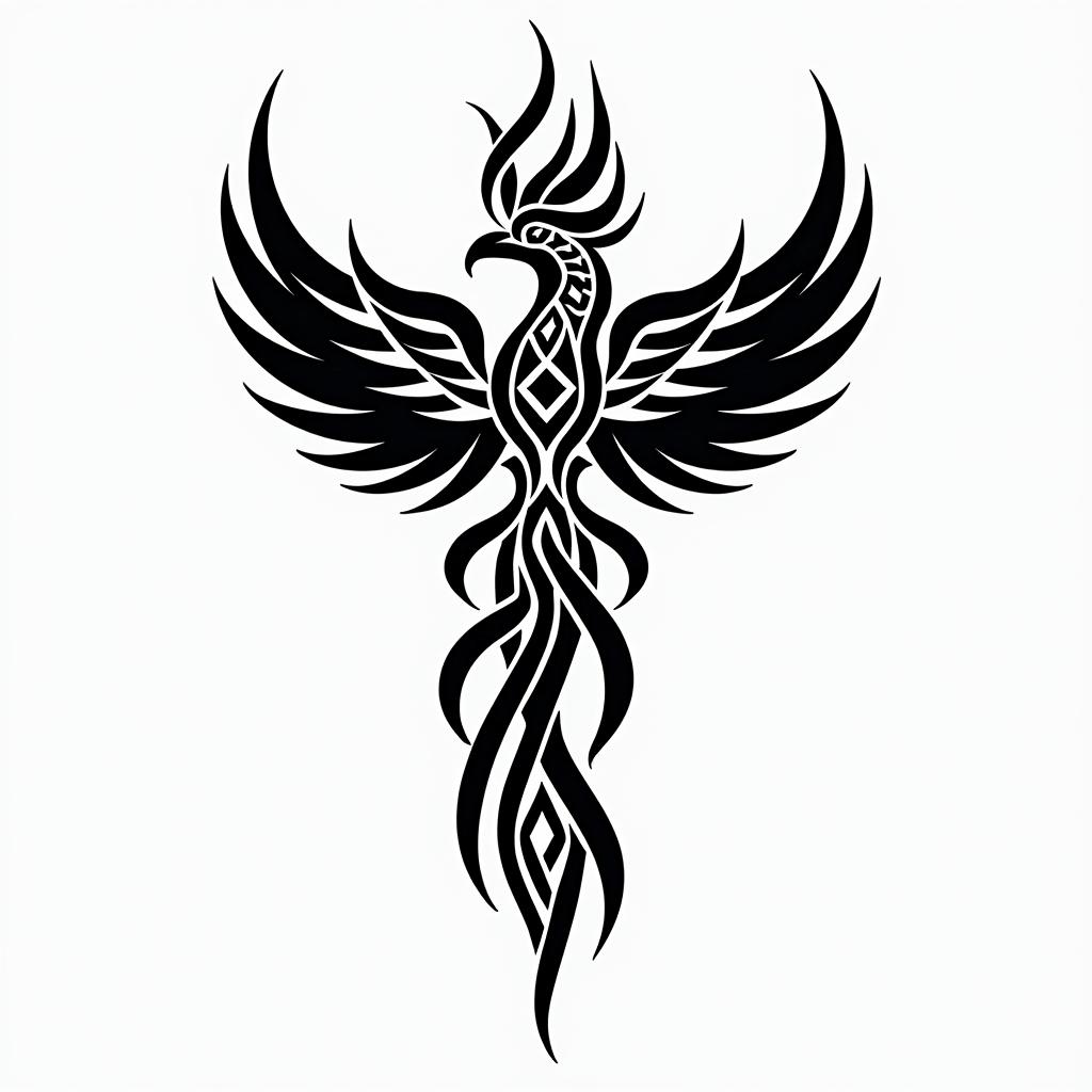 Phoenix rising from the ashesin tribal tattoo style, featuring bold and black geometric shapes, curved lines, intertwine and flow seamlessly, creating a powerful and symbolic design, polynesian and maori styles