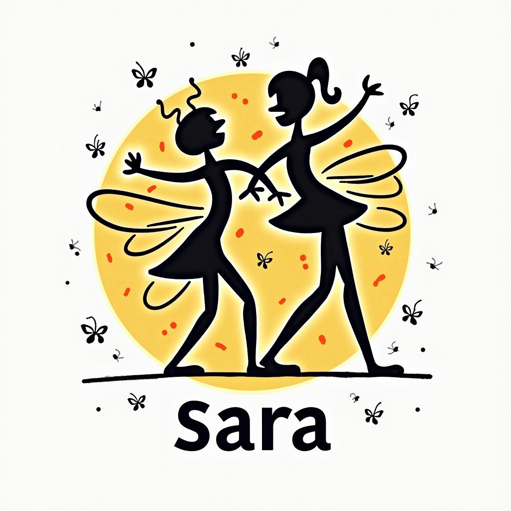 Name SARA with honeybee backgroundabstract dancing figures in Keith Haring style, featuring bold black outlines and solid color fills, figures posed in dynamic and playful dance movements, minimalist design - Variation 7