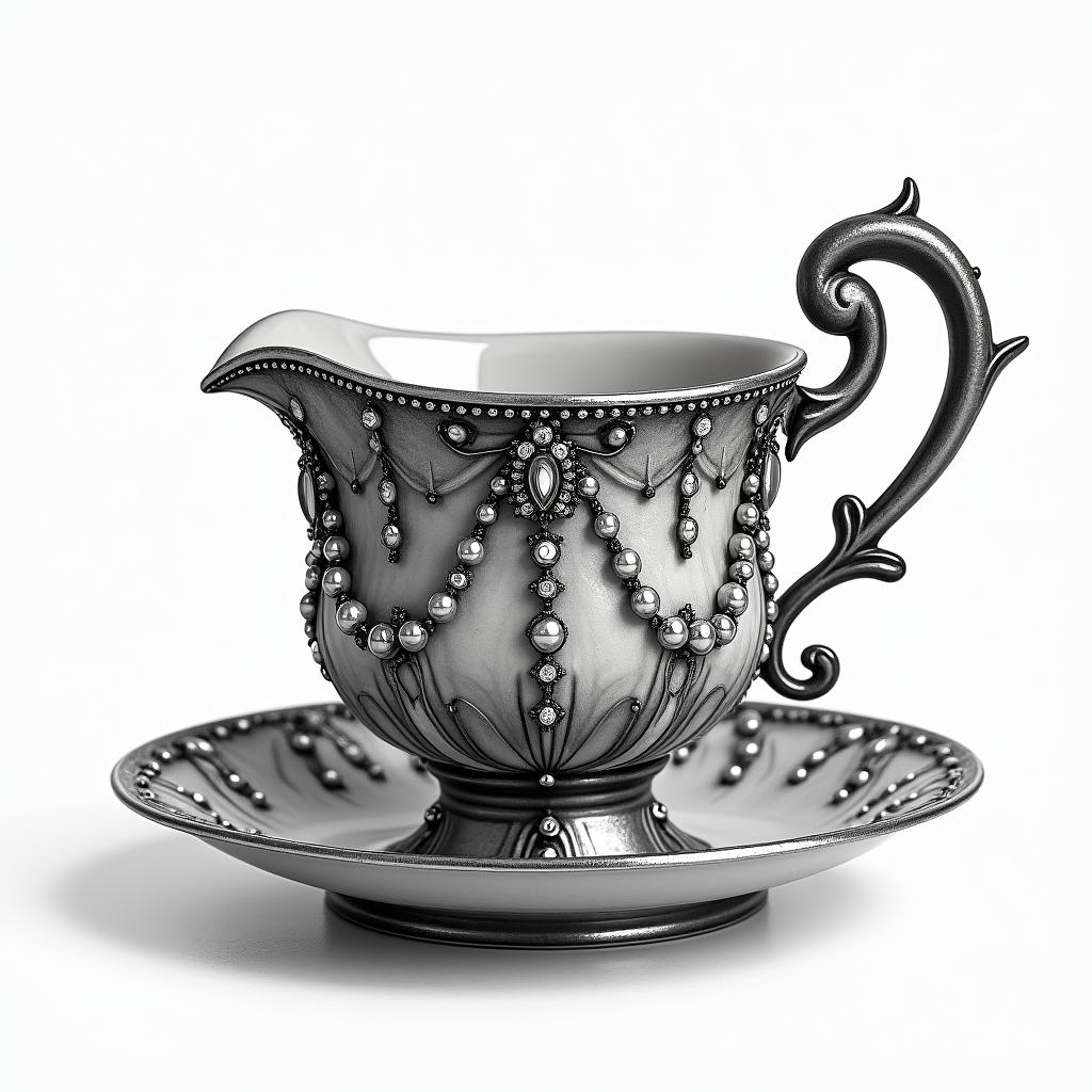 Teacup from the Victorian Renaissance era, heavily draped and adorned in pearls and chains with inlays of jewels and precious gemstones.higly detailed tattoo - Variation 8