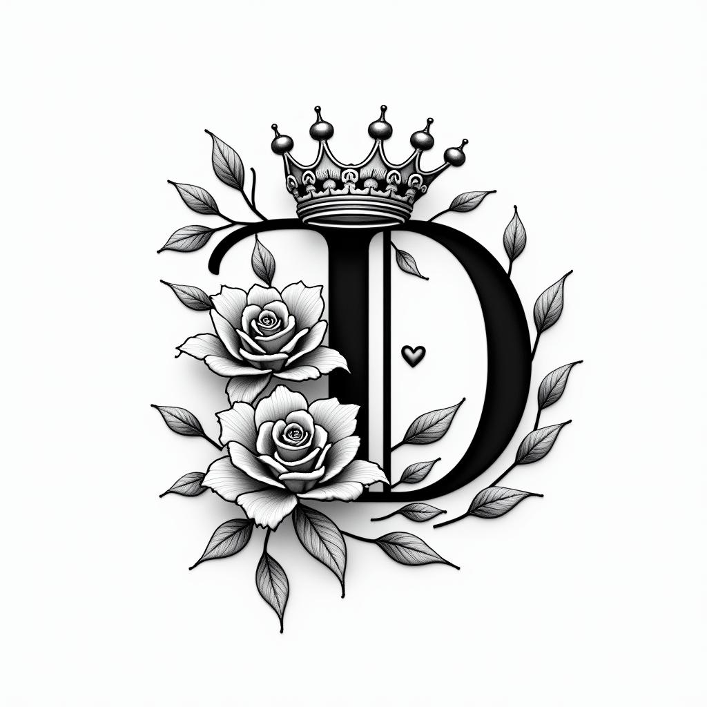 The letter D with a crown on itin elegant cursive calligraphy style 2d tattoo, decorate with roses, featuring a smooth and flowing handwritten script with slightly thickened strokes for a luxurious and bold appearance,  heart symbol between names,  sleek and glossy black text with shadowing, minimalist matte white background, clean and sharp edges, illuminated with soft lighting, romantic, 8k, high-quality textures with refined typography - Variation 7