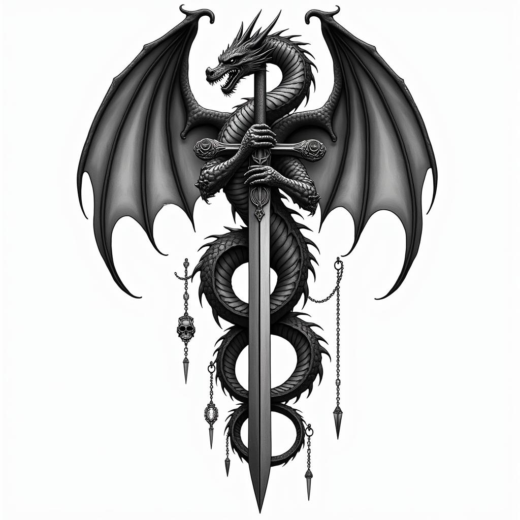 Majestic dragon coiled around a swordin chicano style tattoo, featuring intricate black and grey shading, bold elements of traditional chicano culture symbols, add a big cross with skull, chains and roses - Variation 6