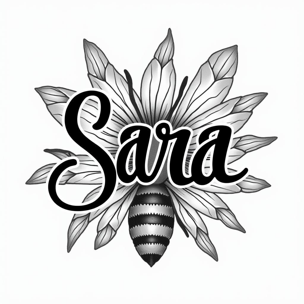Name SARA with honeybee backgroundin new school tattoo, pop culture, modern, detailed tattoo, illustrative