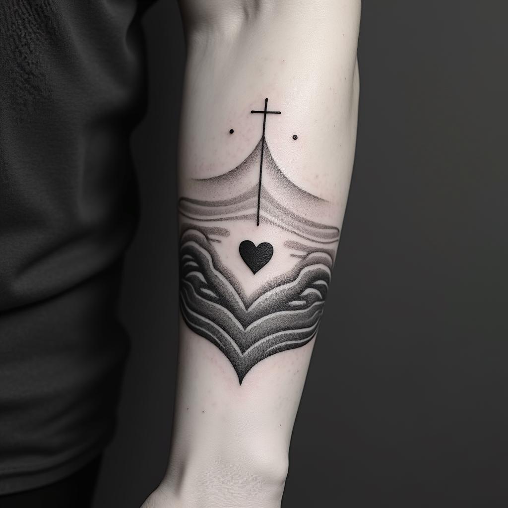 Luke 6:37 - 
Judge not, and ye shall not be judged: condemn not, and ye shall not be condemned: forgive, and ye shall be forgiven:in Modest style tattoo, featuring soft, delicate line work with simple and meaningful symbols, gentle waves, a heart, evoking a sense of serenity and grace, - Variation 2