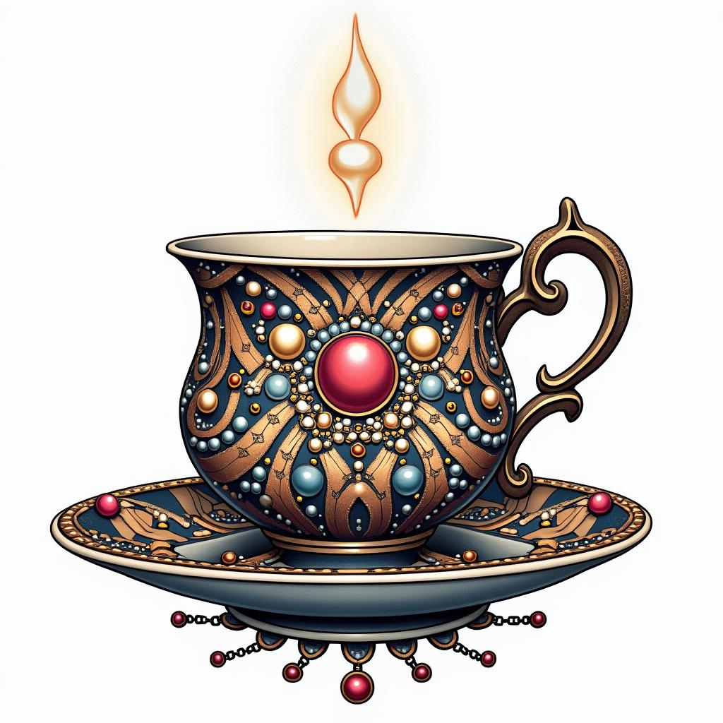 Teacup from the Victorian Renaissance era, heavily draped and adorned in pearls and chains with inlays of jewels and precious gemstones.in pop art style tattoo, featuring bold and vibrant colors, exaggerated outlines, iconic imagery, inspired by comic books and speech bubbles, comic book characters, retro pop culture - Variation 4