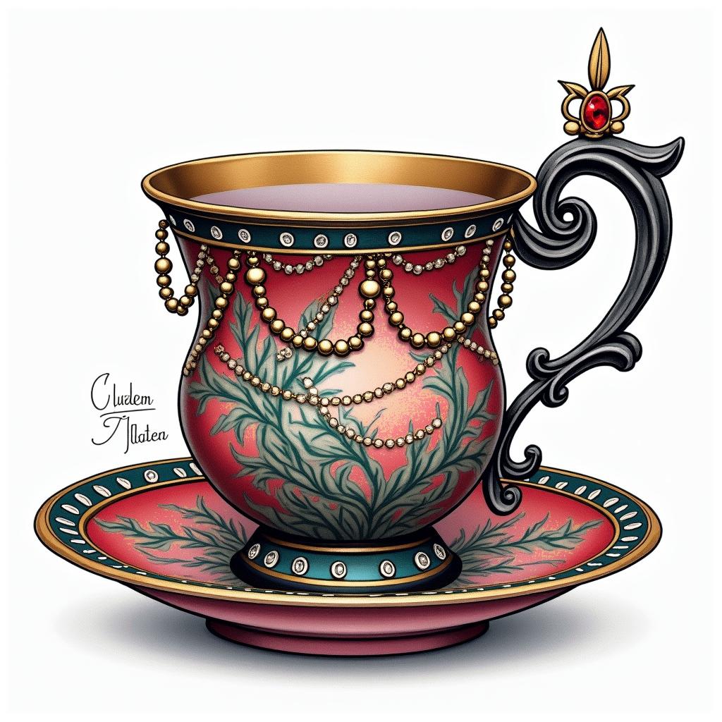 Teacup from the Victorian Renaissance era, heavily draped and adorned in pearls and chains with inlays of jewels and precious gemstones.in pop art style tattoo, featuring bold and vibrant colors, exaggerated outlines, iconic imagery, inspired by comic books and speech bubbles, comic book characters, retro pop culture - Variation 3
