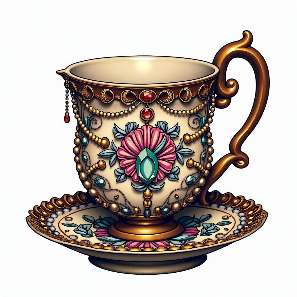 Teacup from the Victorian Renaissance era, heavily draped and adorned in pearls and chains with inlays of jewels and precious gemstones.in pop art style tattoo, featuring bold and vibrant colors, exaggerated outlines, iconic imagery, inspired by comic books and speech bubbles, comic book characters, retro pop culture - Variation 2