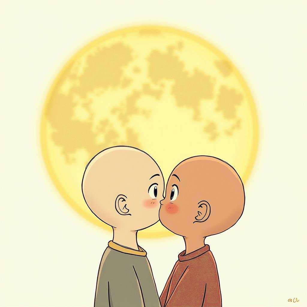 Sun and moon intertwined, shiningGhibli, Studio Ghibli aesthetic, hand-drawn anime style, retro nostalgic atmosphere, retro soft pastel color palette with earthy tones, retro Japanese cinematic shot, yellow tint effect, bald character, smooth surface, anime shadow 90's anime style