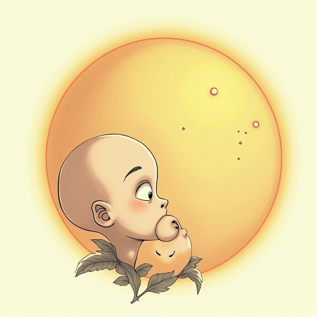 Sun and moon intertwined, shiningGhibli, Studio Ghibli aesthetic, hand-drawn anime style, retro nostalgic atmosphere, retro soft pastel color palette with earthy tones, retro Japanese cinematic shot, yellow tint effect, bald character, smooth surface, anime shadow 90's anime style - Variation 3