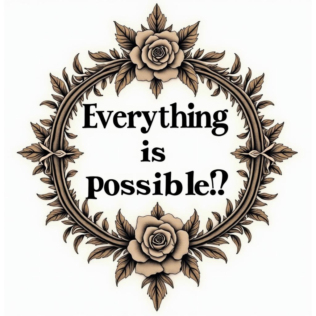 Text Everything IS possiblein victorian style tattoo, featuring vintage and elegant elements, ornate frames, roses, antique, sepia-toned color scheme - Variation 4