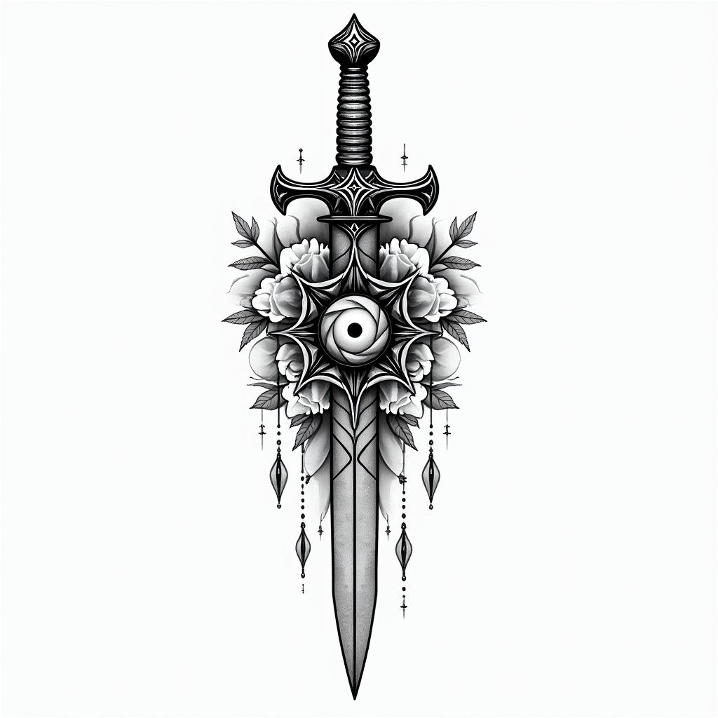 Belzebub, dagger, rosesin spiritual symbols tattoo style, featuring an intricate design incorporating elements, Hamsa hand, third eye, minimalist composition - Variation 4