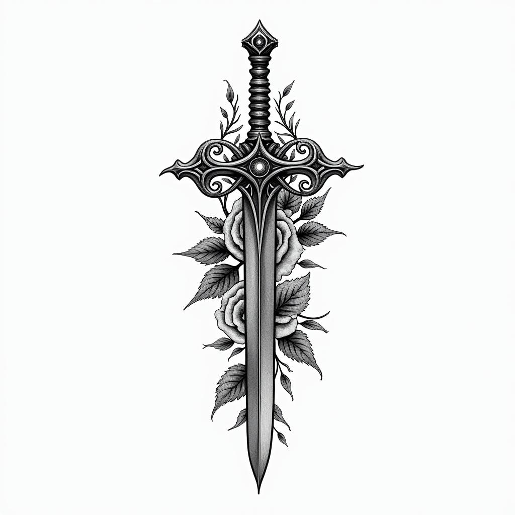 Belzebub, dagger, rosesin spiritual symbols tattoo style, featuring an intricate design incorporating elements, Hamsa hand, third eye, minimalist composition - Variation 3