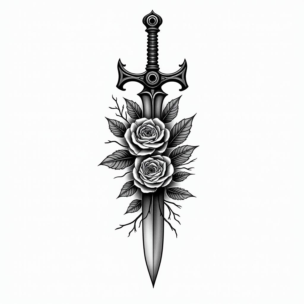 Belzebub, dagger, rosesin spiritual symbols tattoo style, featuring an intricate design incorporating elements, Hamsa hand, third eye, minimalist composition - Variation 2