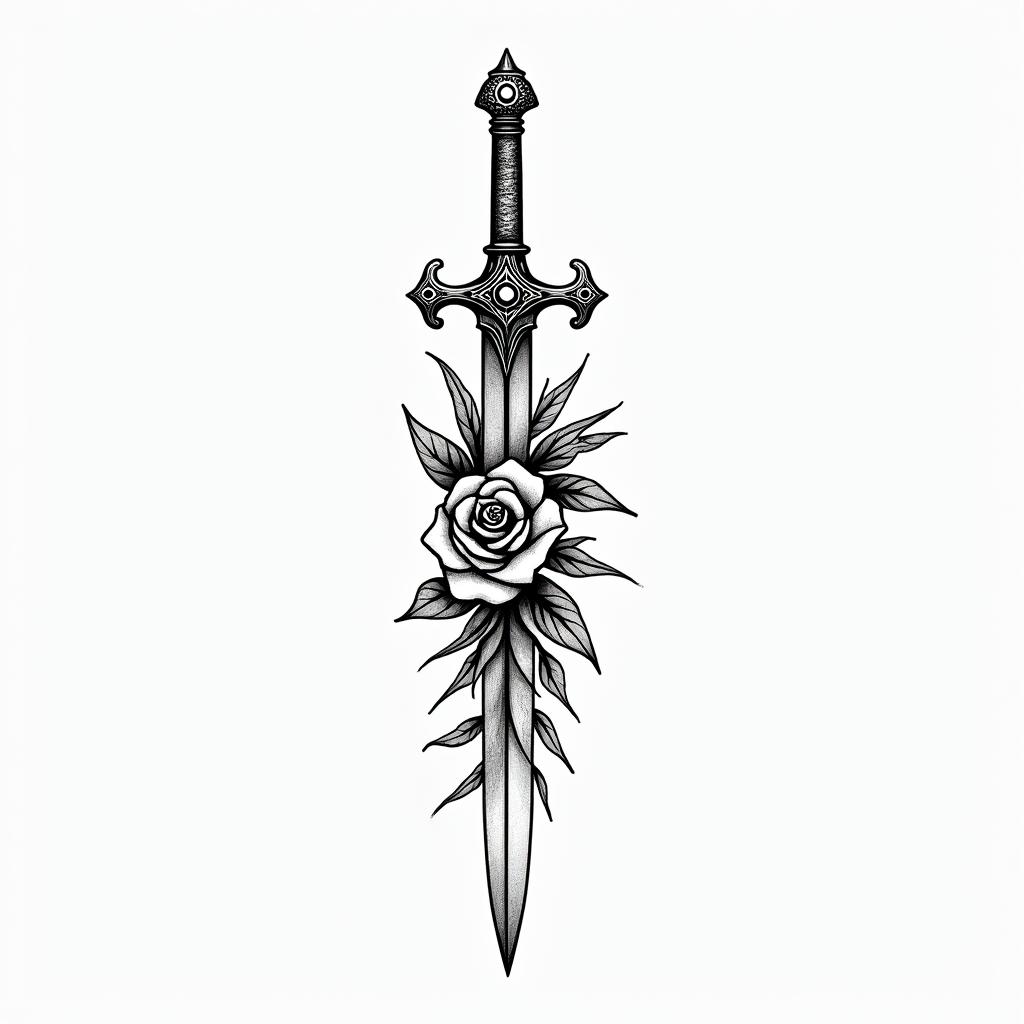 Belzebub, dagger, rosesin spiritual symbols tattoo style, featuring an intricate design incorporating elements, Hamsa hand, third eye, minimalist composition