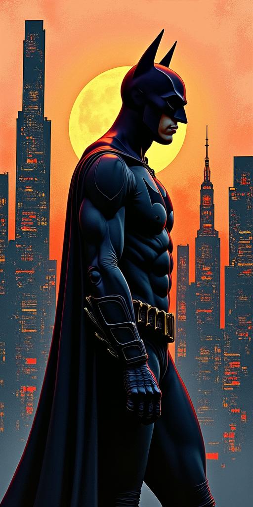 Silhouette of Batman against the Gotham skyline.abstract dancing figures in Keith Haring style, featuring bold black outlines and solid color fills, figures posed in dynamic and playful dance movements, minimalist design - Variation 2