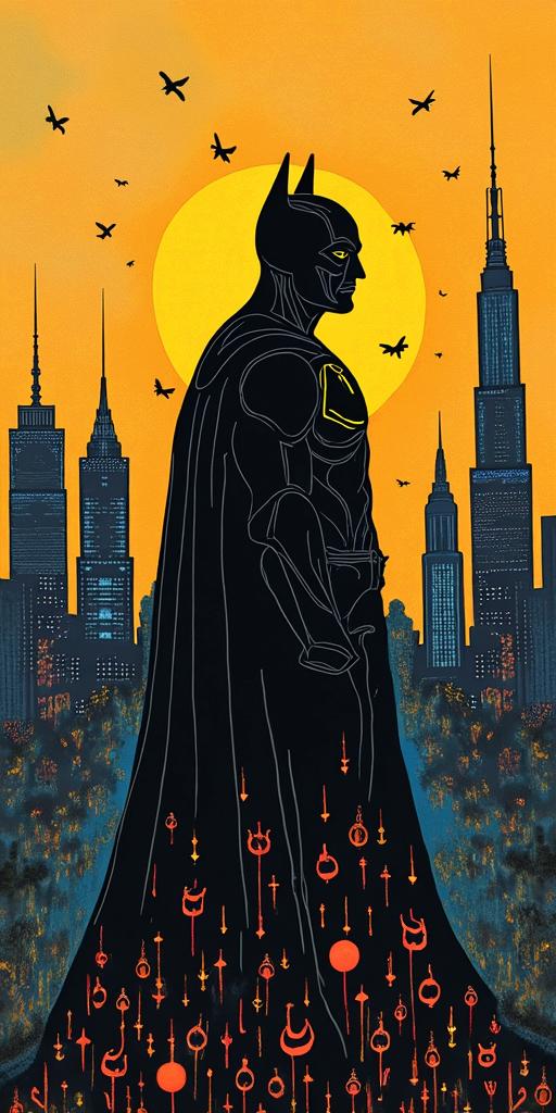 Silhouette of Batman against the Gotham skyline.abstract dancing figures in Keith Haring style, featuring bold black outlines and solid color fills, figures posed in dynamic and playful dance movements, minimalist design - Variation 3