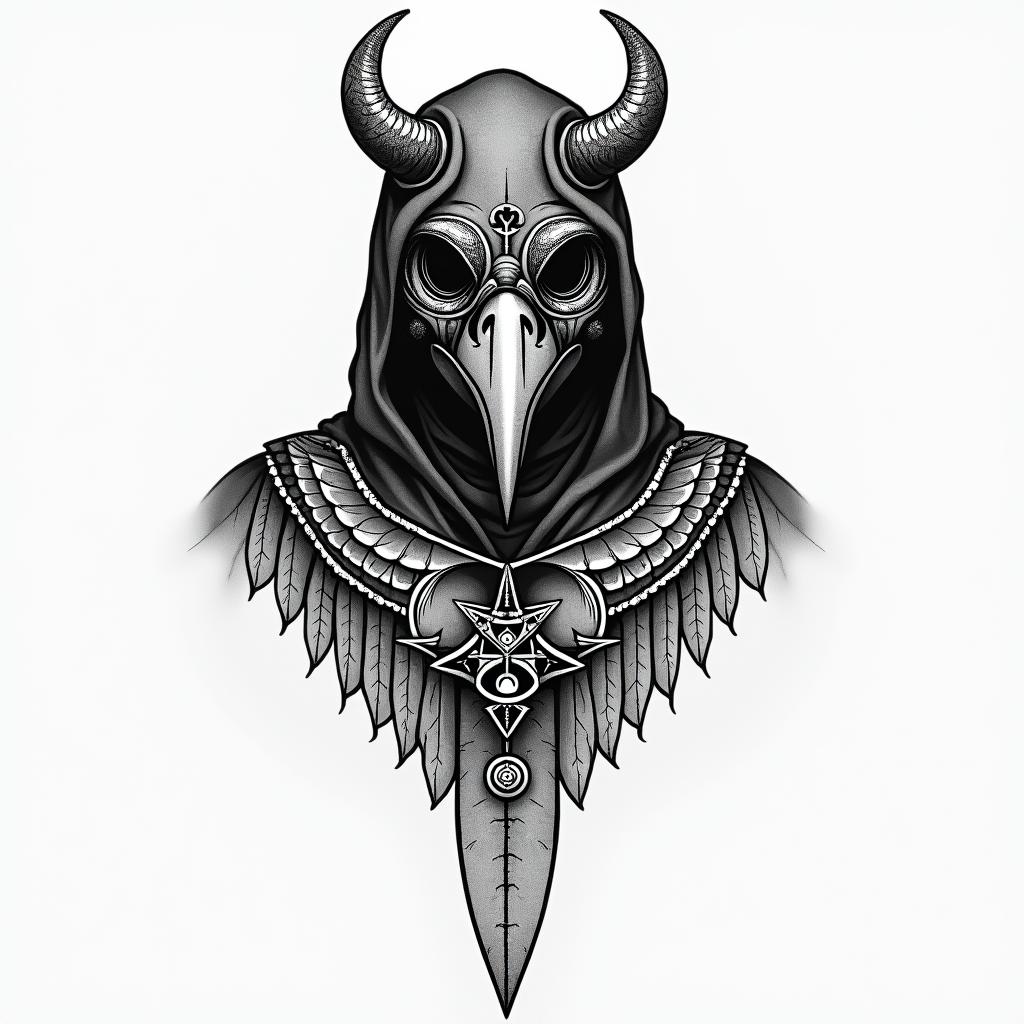Midevil bird style gas mask guy holding reeper bladein spiritual symbols tattoo style, featuring an intricate design incorporating elements, Hamsa hand, third eye, minimalist composition - Variation 1