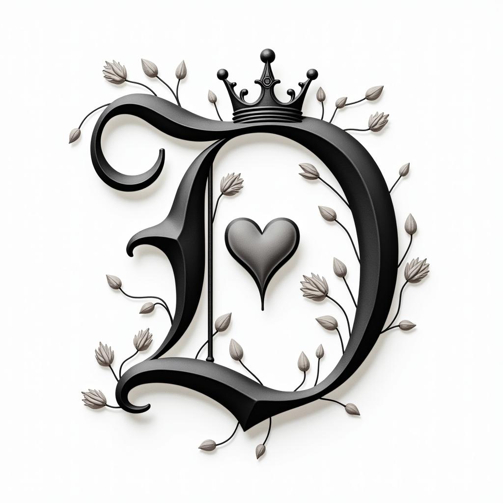 The letter D with a crown on itin elegant cursive calligraphy style 2d tattoo, decorate with roses, featuring a smooth and flowing handwritten script with slightly thickened strokes for a luxurious and bold appearance,  heart symbol between names,  sleek and glossy black text with shadowing, minimalist matte white background, clean and sharp edges, illuminated with soft lighting, romantic, 8k, high-quality textures with refined typography - Variation 4