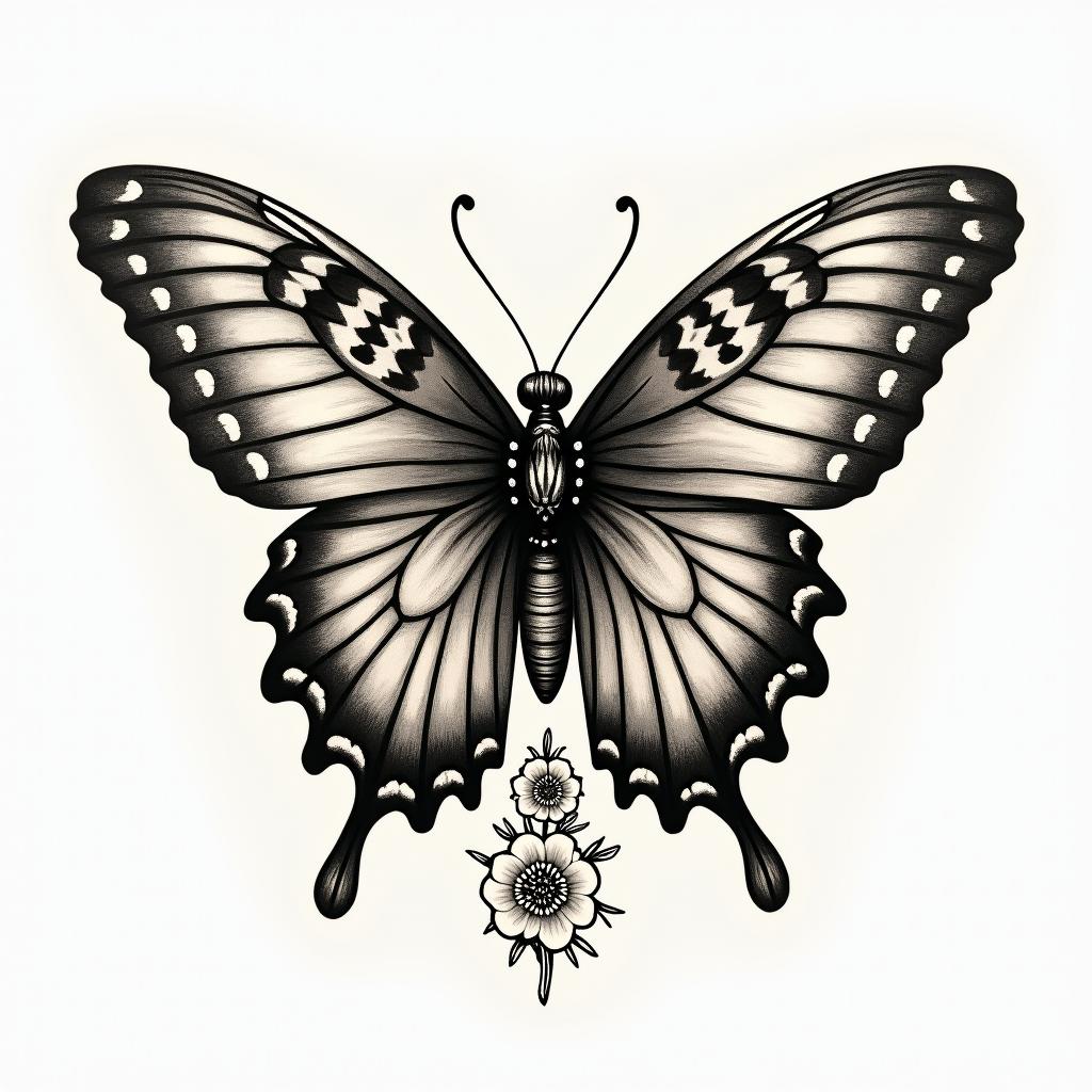 Butterfly with intricate wing patternsin victorian style tattoo, featuring vintage and elegant elements, ornate frames, roses, antique, sepia-toned color scheme - Variation 5