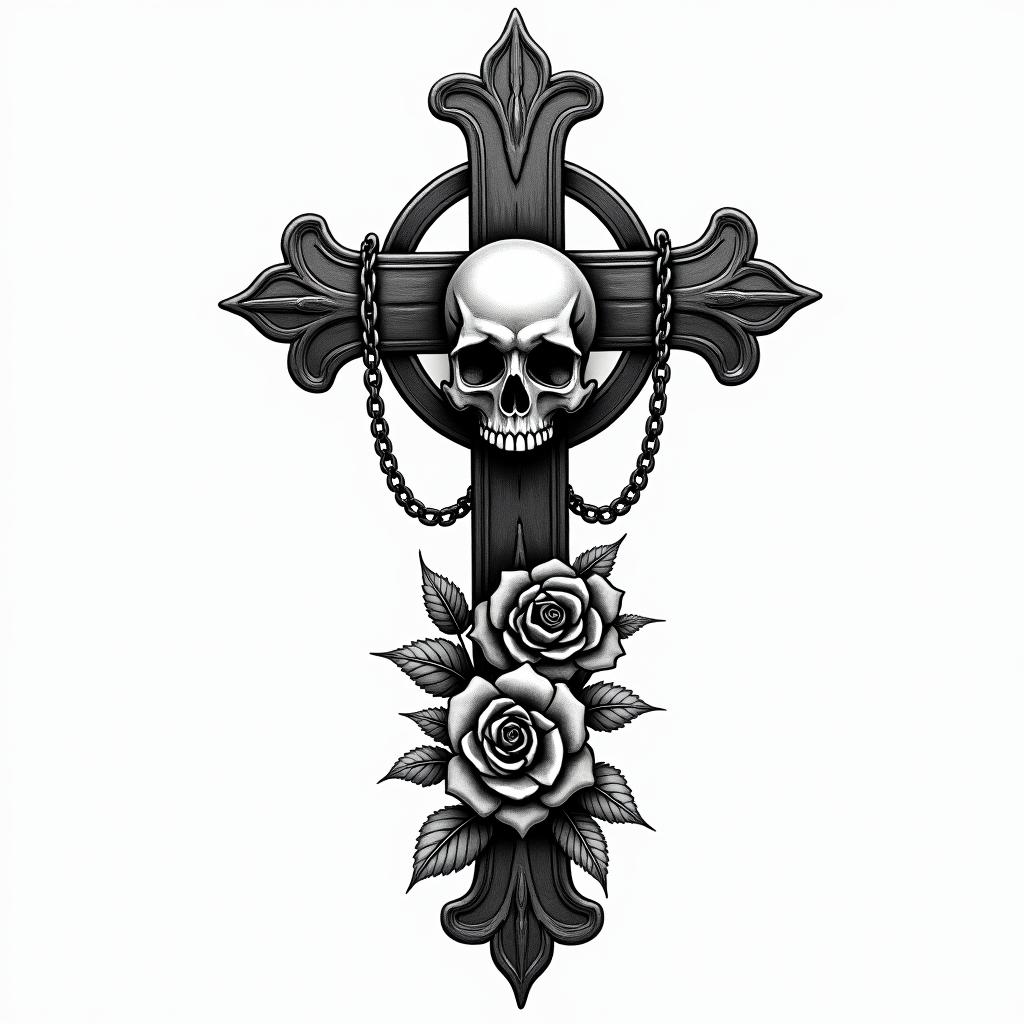 Christian symbolsin chicano style tattoo, featuring intricate black and grey shading, bold elements of traditional chicano culture symbols, add a big cross with skull, chains and roses - Variation 3