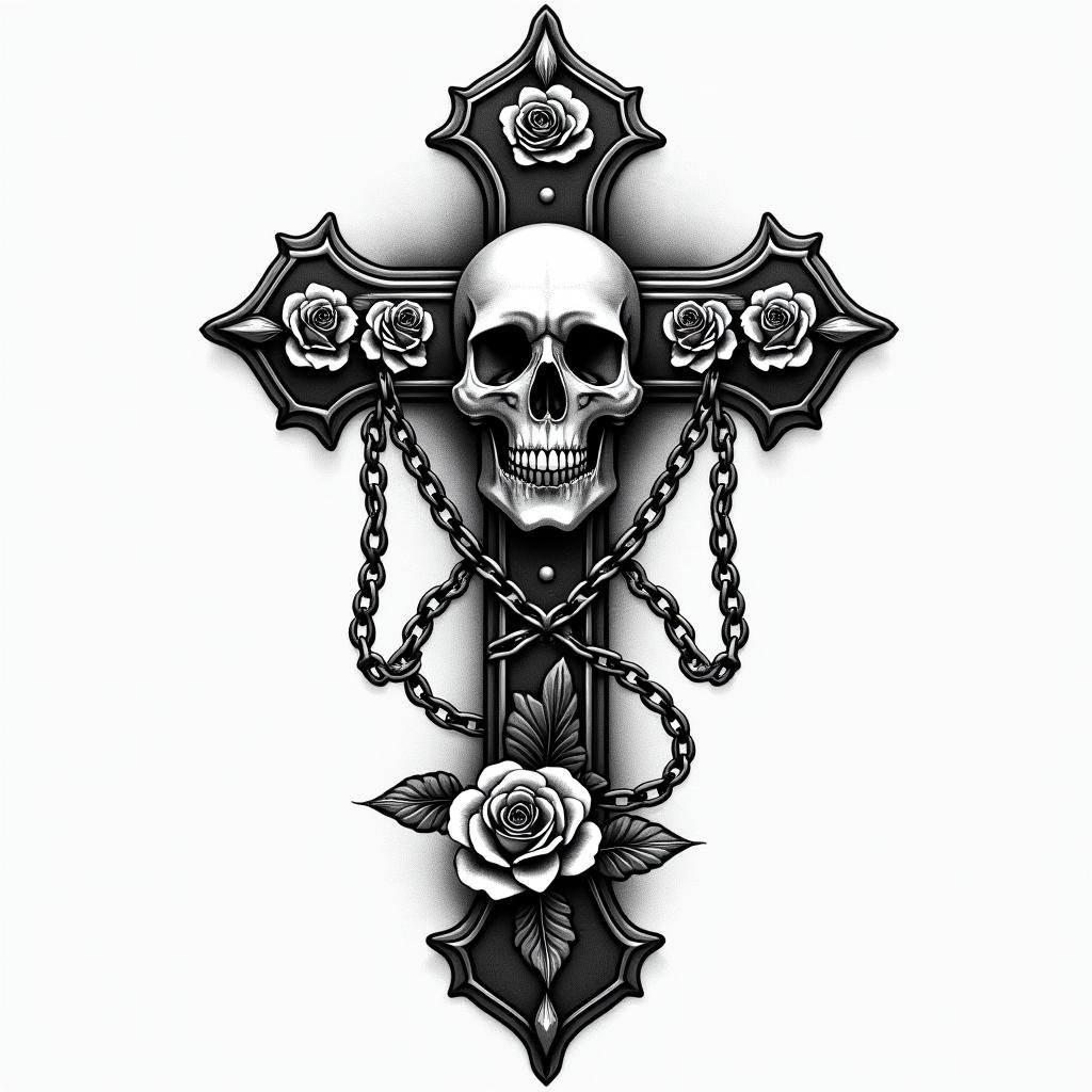 Christian symbolsin chicano style tattoo, featuring intricate black and grey shading, bold elements of traditional chicano culture symbols, add a big cross with skull, chains and roses - Variation 4