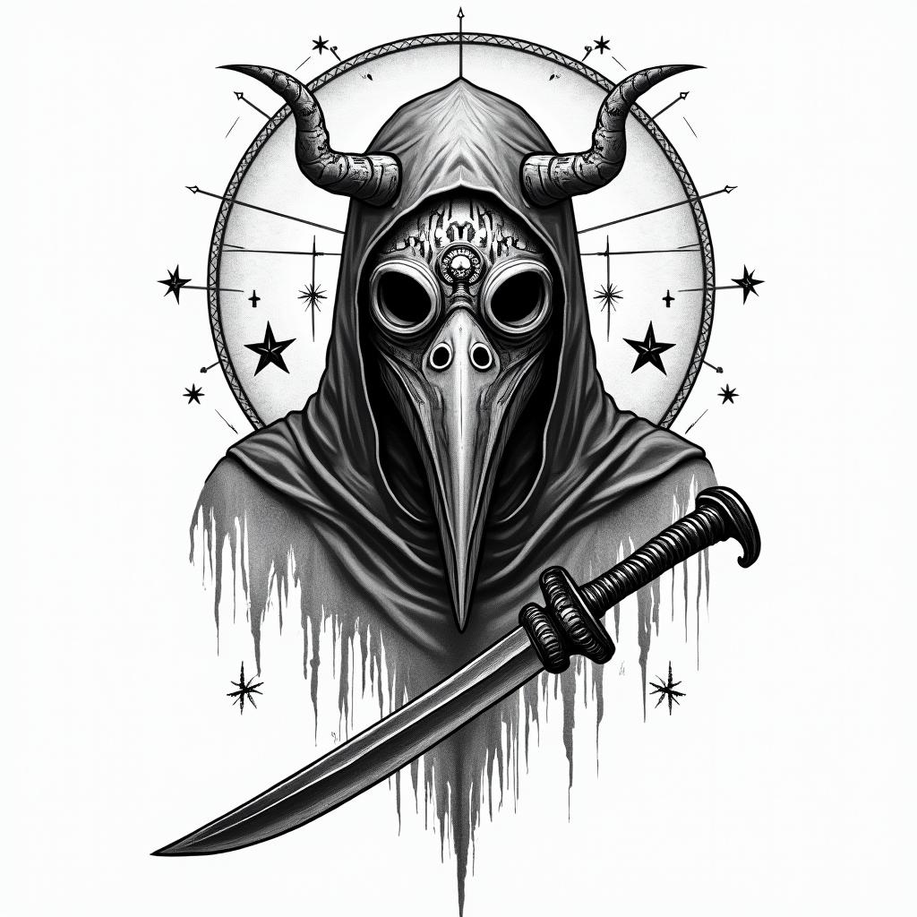 Midevil bird style gas mask guy holding reeper bladein prophecy tattoo style, featuring mystical symbols, celestial imagery like stars, moons, suns, geometric patterns, foretelling elements, an eye of wisdom - Variation 4