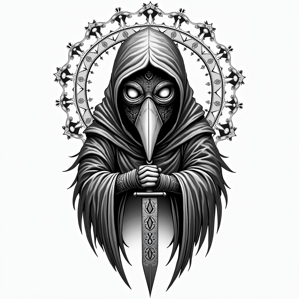 Midevil bird style gas mask guy holding reeper bladein prophecy tattoo style, featuring mystical symbols, celestial imagery like stars, moons, suns, geometric patterns, foretelling elements, an eye of wisdom