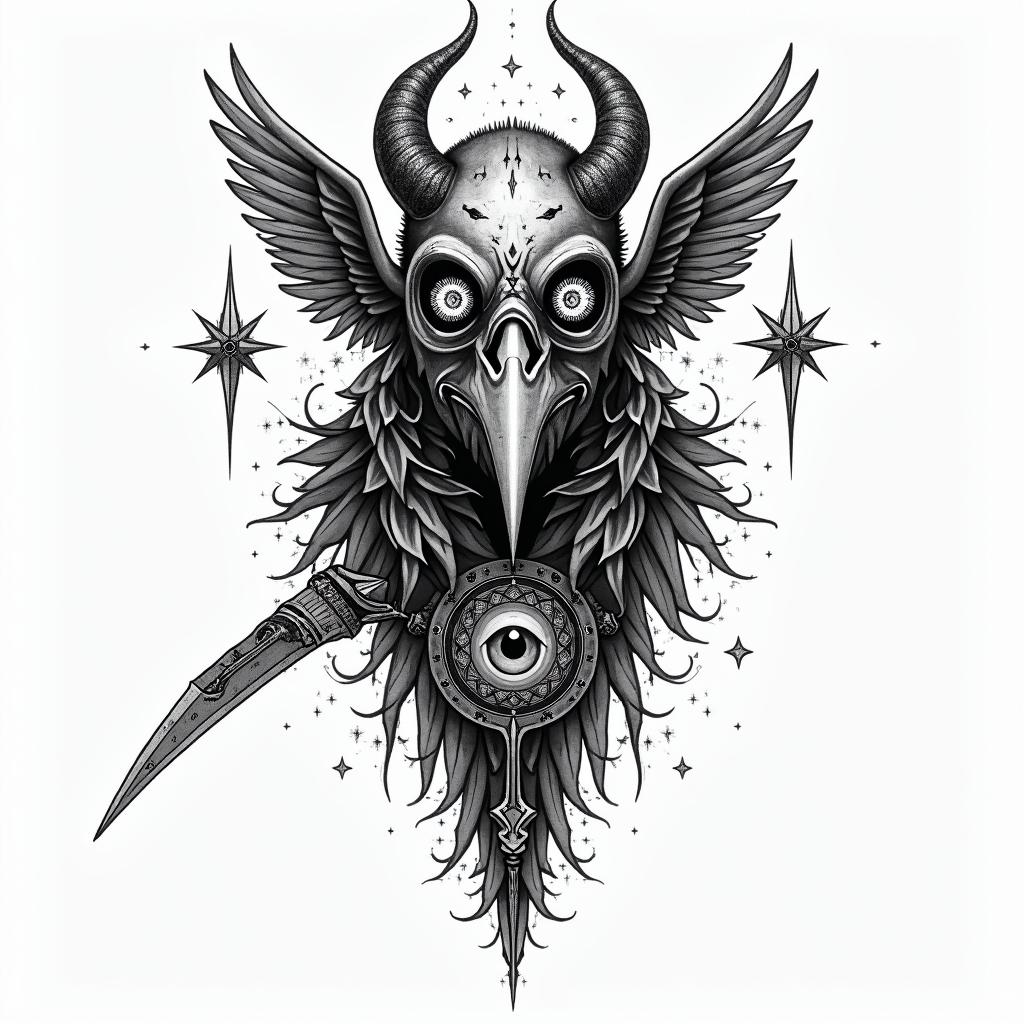 Midevil bird style gas mask guy holding reeper bladein prophecy tattoo style, featuring mystical symbols, celestial imagery like stars, moons, suns, geometric patterns, foretelling elements, an eye of wisdom - Variation 2