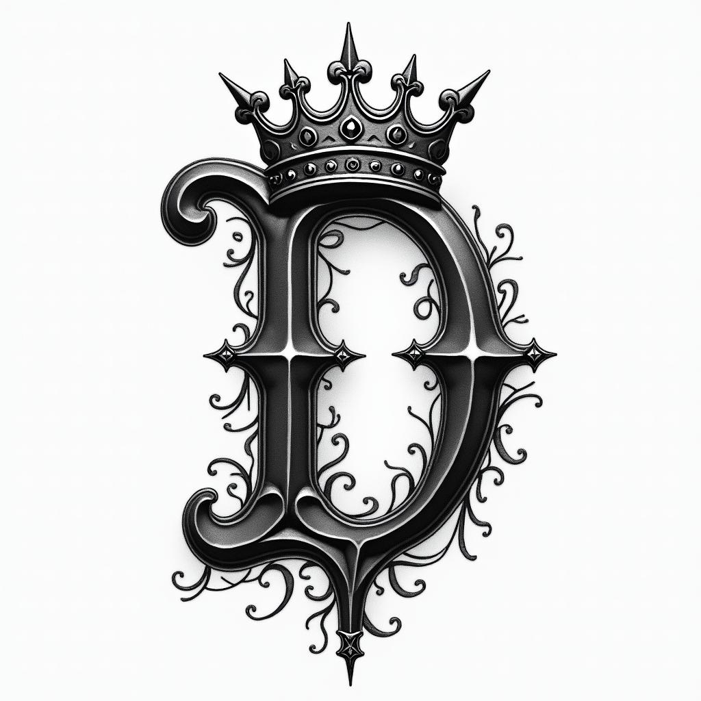 The letter D with a crown on ithigly detailed tattoo - Variation 3