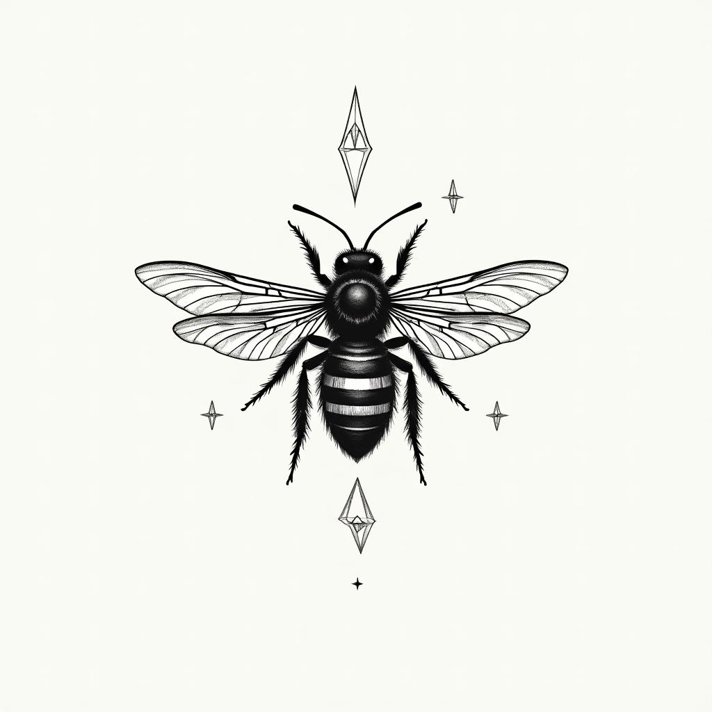 Name SARA with honeybee backgroundin minimalist style tattoo, featuring simple shapes and fine lines, with minimal shading and details, tiny triangles, creating a sense of balance and harmony - Variation 1