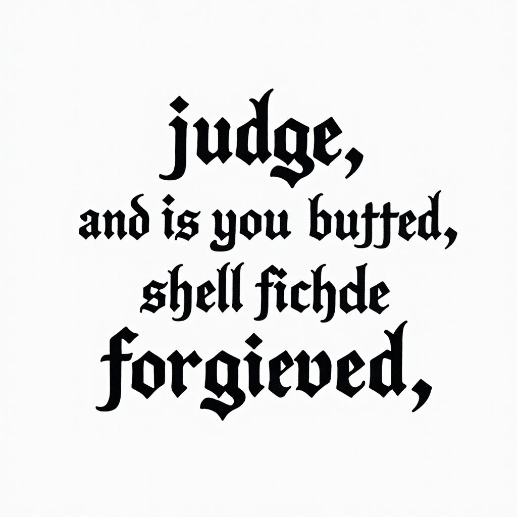 Luke 6:37 - 
Judge not, and ye shall not be judged: condemn not, and ye shall not be condemned: forgive, and ye shall be forgiven:text-based tattoo, gothic font ultra-realistic, perfectly placed, high-quality font design, photo-realistic shading, 8k, high quality, finely detailed typography