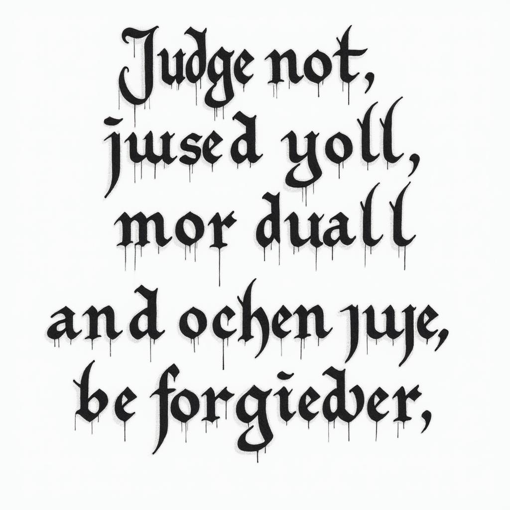 Luke 6:37 - 
Judge not, and ye shall not be judged: condemn not, and ye shall not be condemned: forgive, and ye shall be forgiven:text-based tattoo, gothic font ultra-realistic, perfectly placed, high-quality font design, photo-realistic shading, 8k, high quality, finely detailed typography - Variation 4