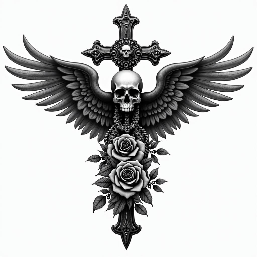 Angel of deathin chicano style tattoo, featuring intricate black and grey shading, bold elements of traditional chicano culture symbols, add a big cross with skull, chains and roses - Variation 2