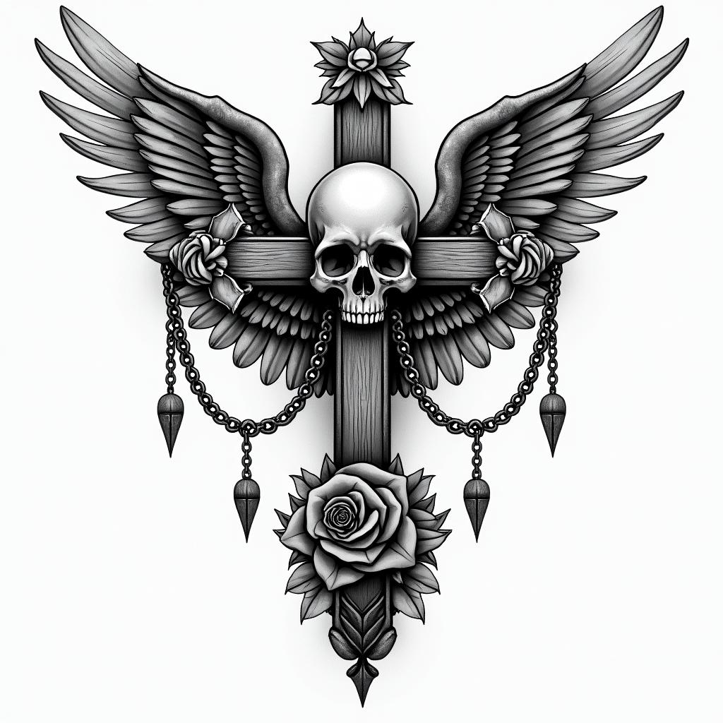 Angel of deathin chicano style tattoo, featuring intricate black and grey shading, bold elements of traditional chicano culture symbols, add a big cross with skull, chains and roses - Variation 4