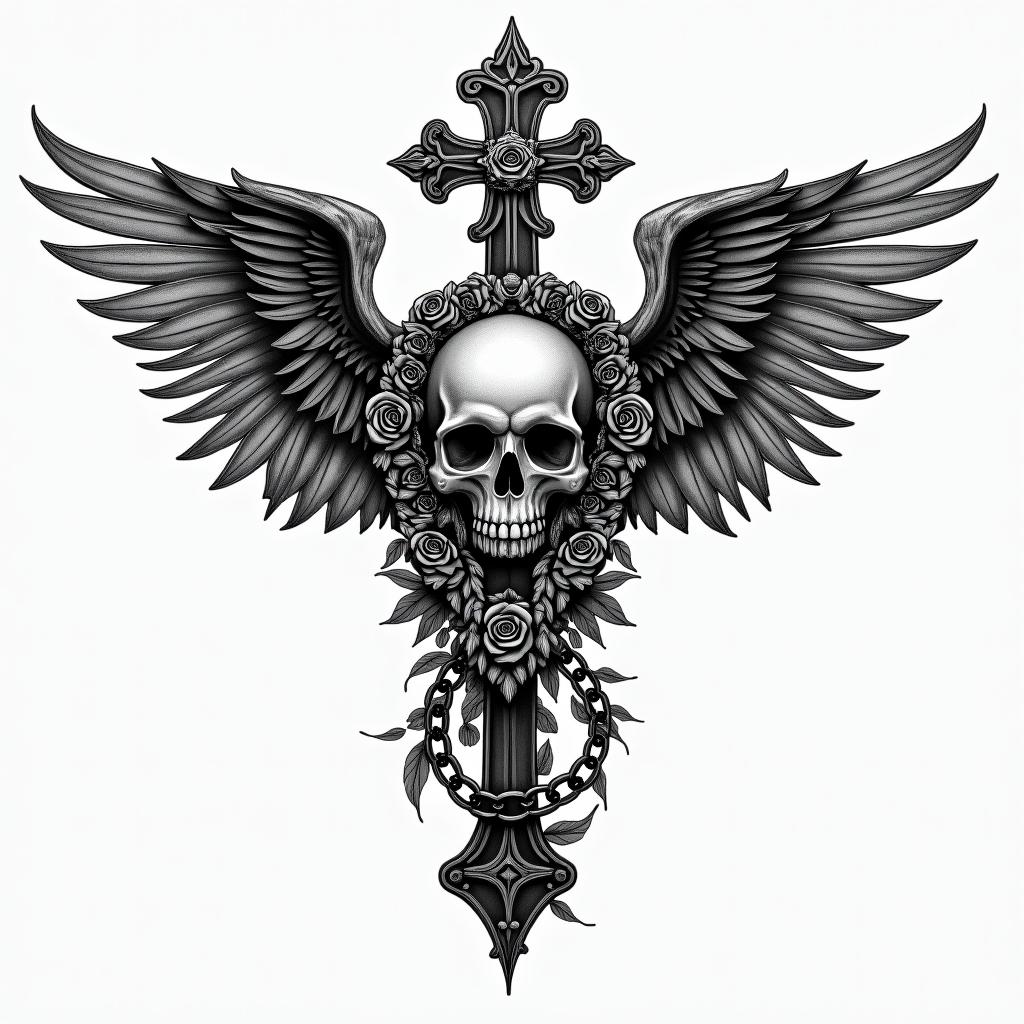 Angel of deathin chicano style tattoo, featuring intricate black and grey shading, bold elements of traditional chicano culture symbols, add a big cross with skull, chains and roses - Variation 1