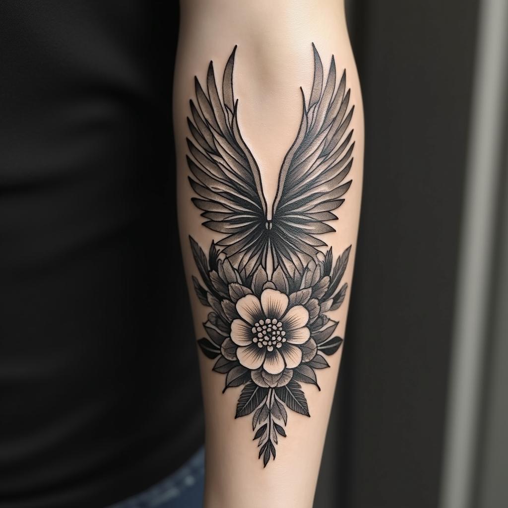 Angel wings with detailed feathersin victorian style tattoo, featuring vintage and elegant elements, ornate frames, roses, antique, sepia-toned color scheme - Variation 4