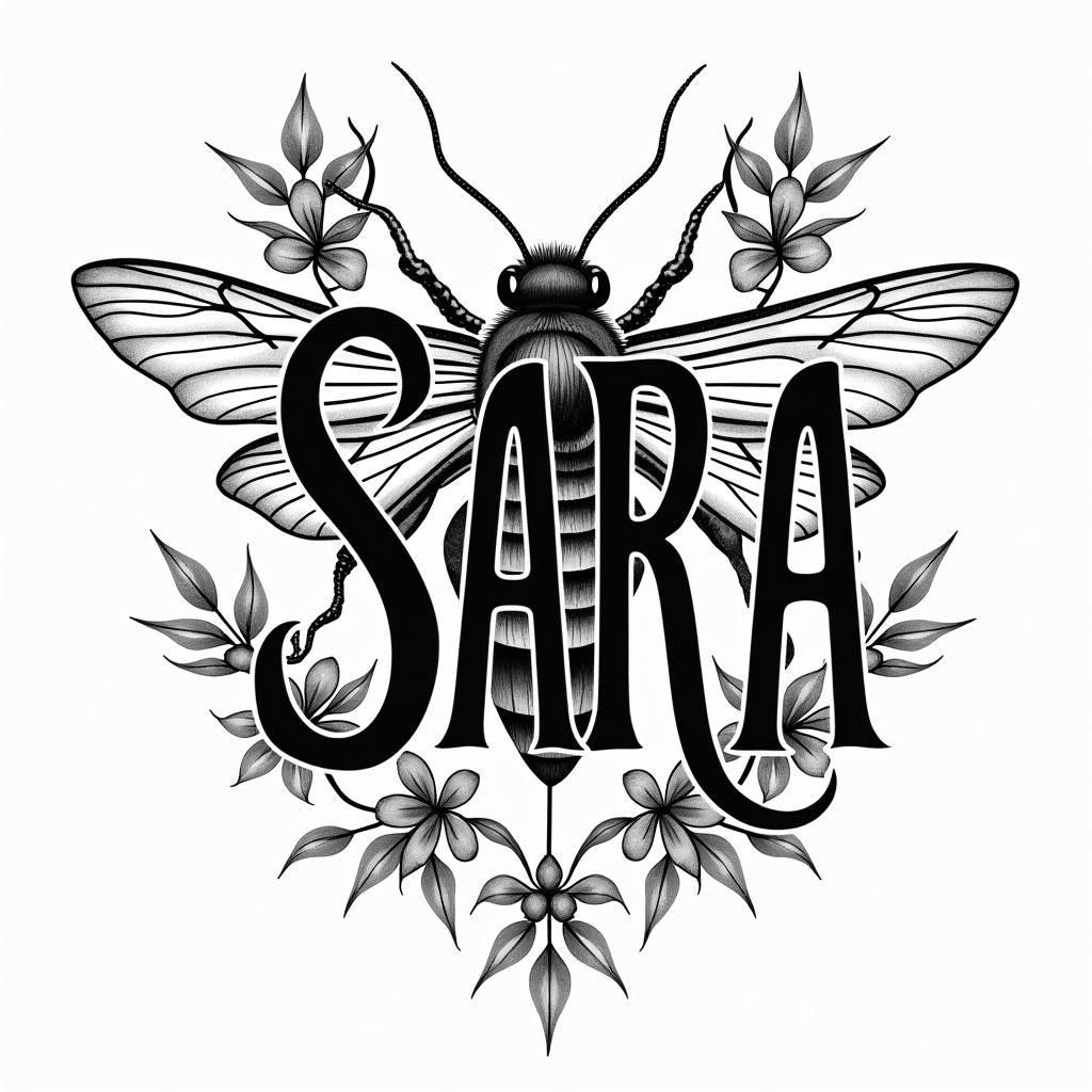Name SARA with honeybee backgroundin authentic tattoo style, incorporating traditional modifications, bold black outlines, solid color fills, featuring classic authentic elements - Variation 2