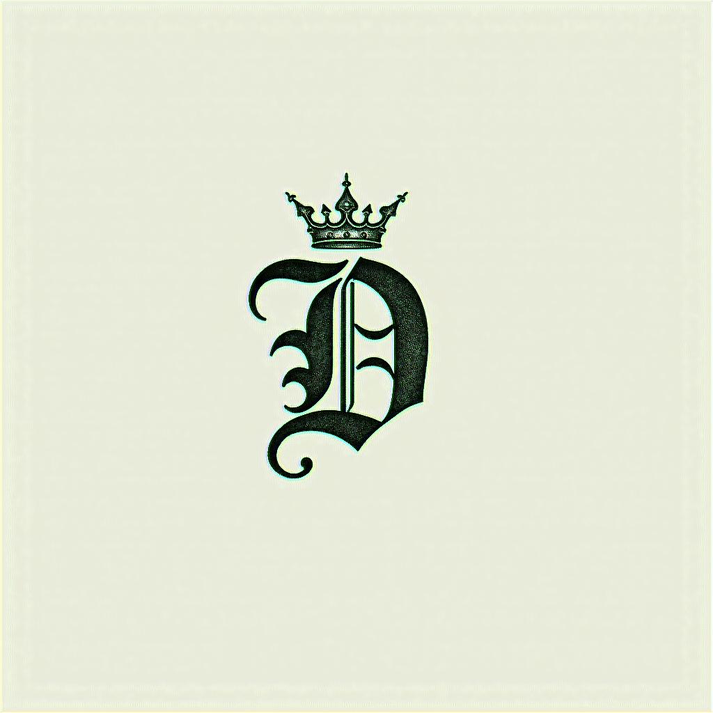 The letter D in fancy cursive with a king crownminimalist text-based tattoo, Monospace font ultra-realistic, perfectly placed, high-quality font design, photo-realistic shading, 8k, high quality, finely detailed typograph - Variation 7