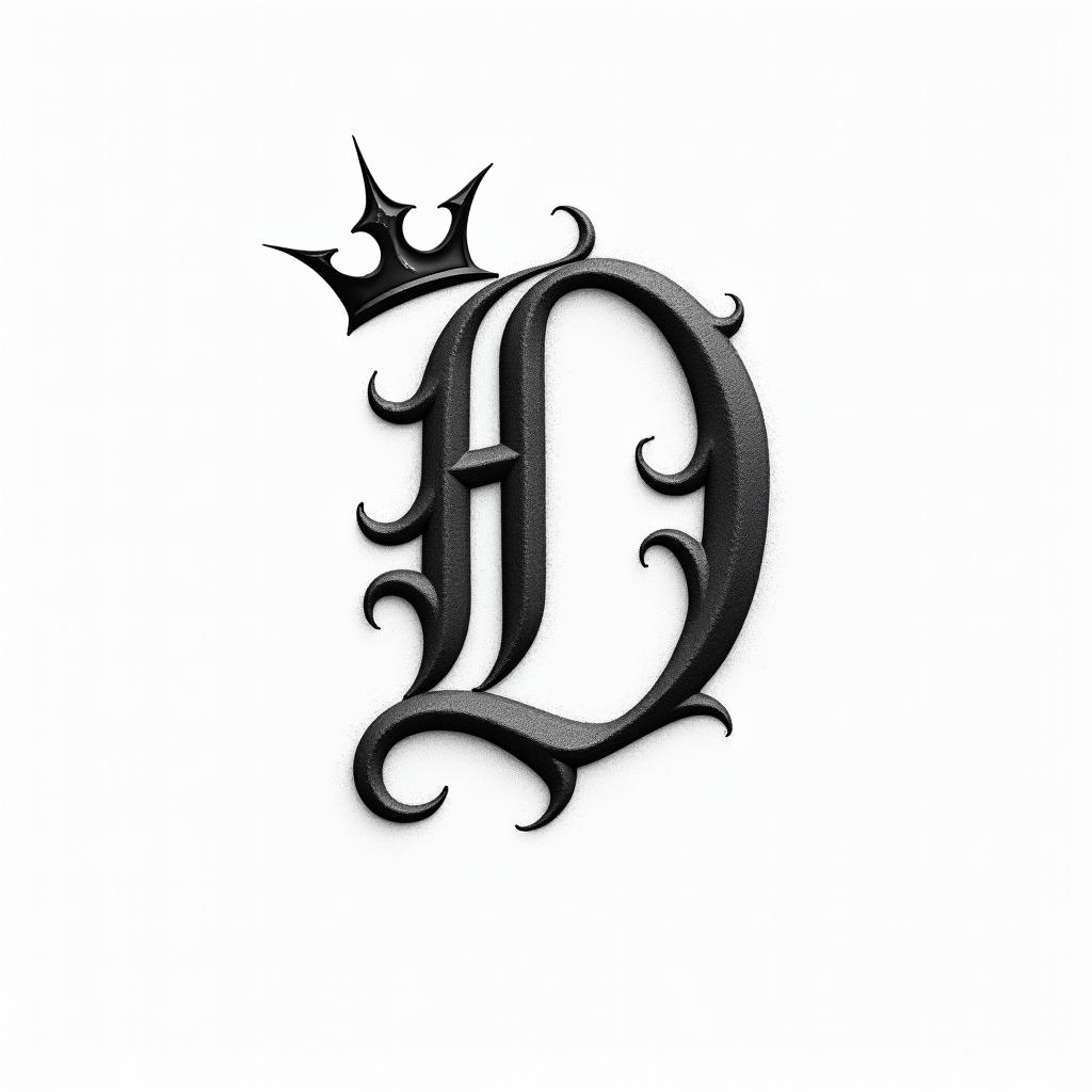 The letter D in fancy cursive with a king crownminimalist text-based tattoo, Monospace font ultra-realistic, perfectly placed, high-quality font design, photo-realistic shading, 8k, high quality, finely detailed typograph - Variation 8