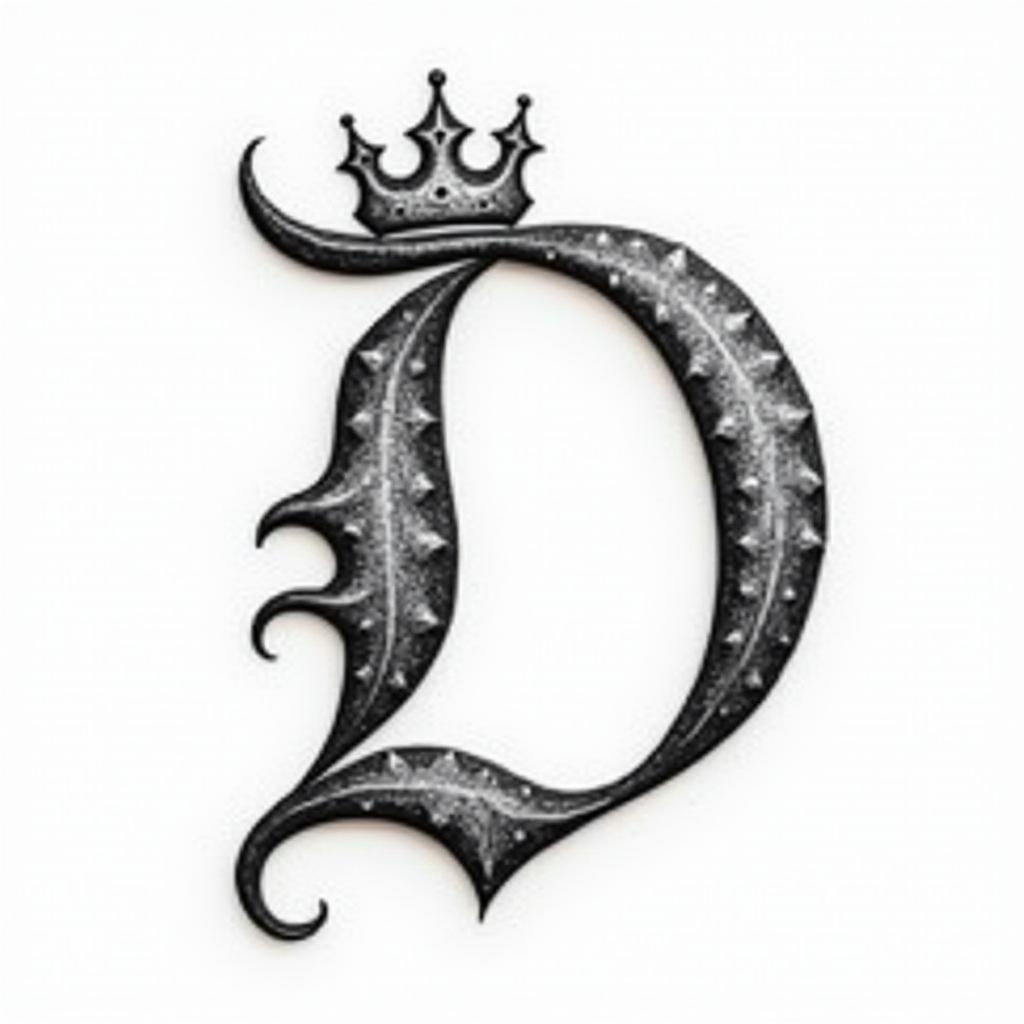 The letter D in fancy cursive with a king crownminimalist text-based tattoo, Monospace font ultra-realistic, perfectly placed, high-quality font design, photo-realistic shading, 8k, high quality, finely detailed typograph - Variation 6