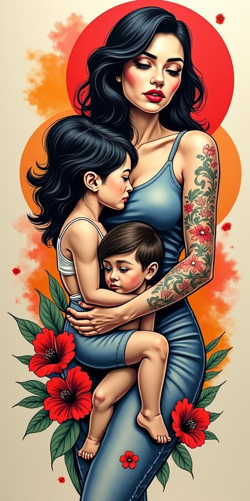 Woman and childrenin pop art style tattoo, featuring bold and vibrant colors, exaggerated outlines, iconic imagery, inspired by comic books and speech bubbles, comic book characters, retro pop culture