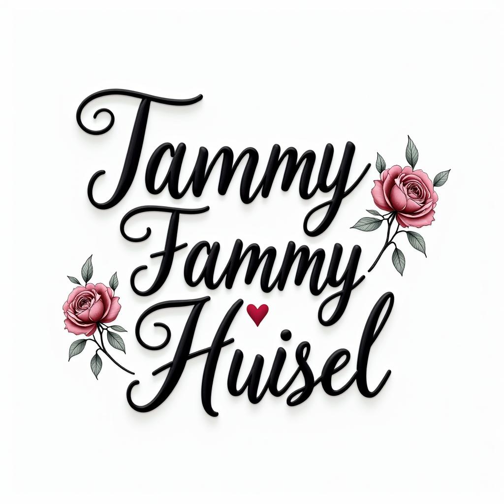 Tammy Huisel Born April 20, 1982 - at Rest April 4, 2025 A daughter, mother, best friend , ride or die, The Princess that everyone loves, blessed her so muchin elegant cursive calligraphy style 2d tattoo, decorate with roses, featuring a smooth and flowing handwritten script with slightly thickened strokes for a luxurious and bold appearance,  heart symbol between names,  sleek and glossy black text with shadowing, minimalist matte white background, clean and sharp edges, illuminated with soft lighting, romantic, 8k, high-quality textures with refined typography - Variation 7