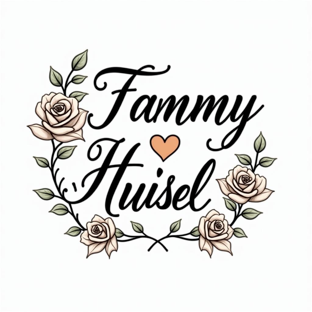 Tammy Huisel Born April 20, 1982 - at Rest April 4, 2025 A daughter, mother, best friend , ride or die, The Princess that everyone loves, blessed her so muchin elegant cursive calligraphy style 2d tattoo, decorate with roses, featuring a smooth and flowing handwritten script with slightly thickened strokes for a luxurious and bold appearance,  heart symbol between names,  sleek and glossy black text with shadowing, minimalist matte white background, clean and sharp edges, illuminated with soft lighting, romantic, 8k, high-quality textures with refined typography - Variation 8