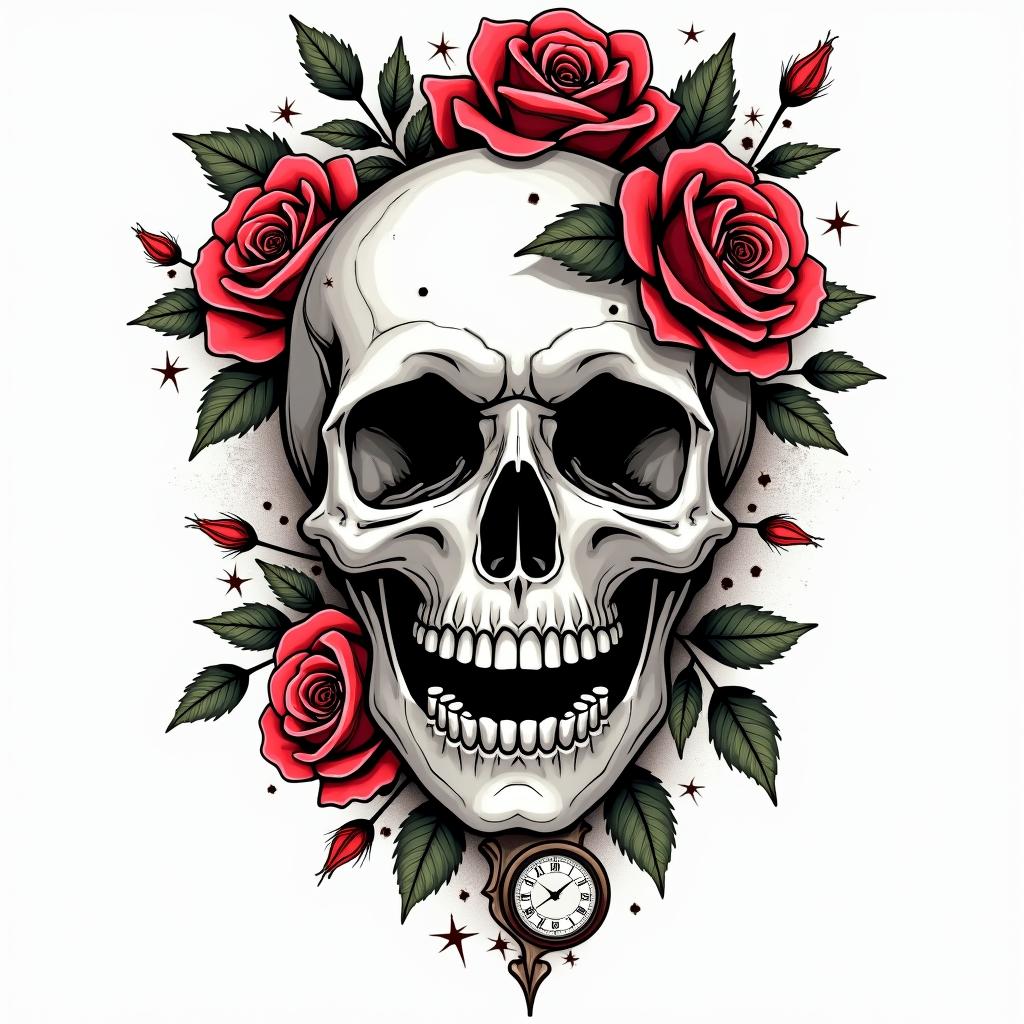 Skull with roses and clock elementsin pop art style tattoo, featuring bold and vibrant colors, exaggerated outlines, iconic imagery, inspired by comic books and speech bubbles, comic book characters, retro pop culture - Variation 15