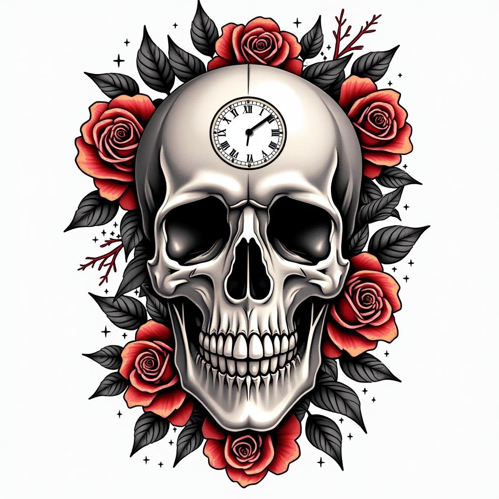 Skull with roses and clock elementsin pop art style tattoo, featuring bold and vibrant colors, exaggerated outlines, iconic imagery, inspired by comic books and speech bubbles, comic book characters, retro pop culture - Variation 14