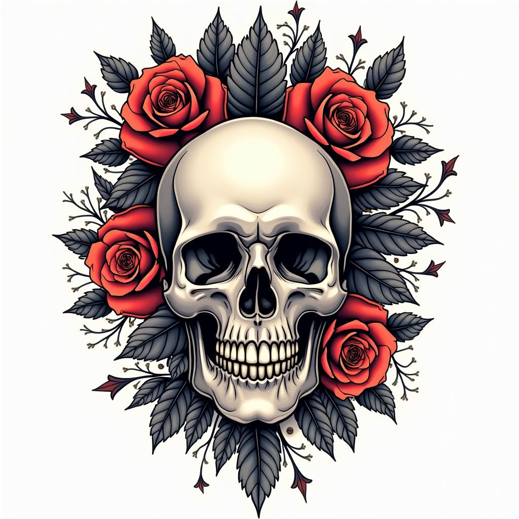 Skull with roses and clock elementsin pop art style tattoo, featuring bold and vibrant colors, exaggerated outlines, iconic imagery, inspired by comic books and speech bubbles, comic book characters, retro pop culture - Variation 17
