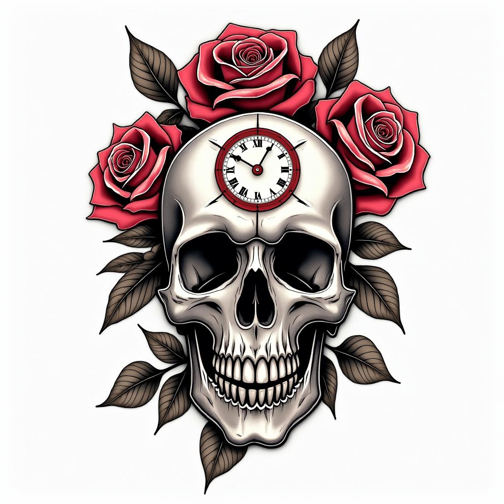 Skull with roses and clock elementsin pop art style tattoo, featuring bold and vibrant colors, exaggerated outlines, iconic imagery, inspired by comic books and speech bubbles, comic book characters, retro pop culture - Variation 16