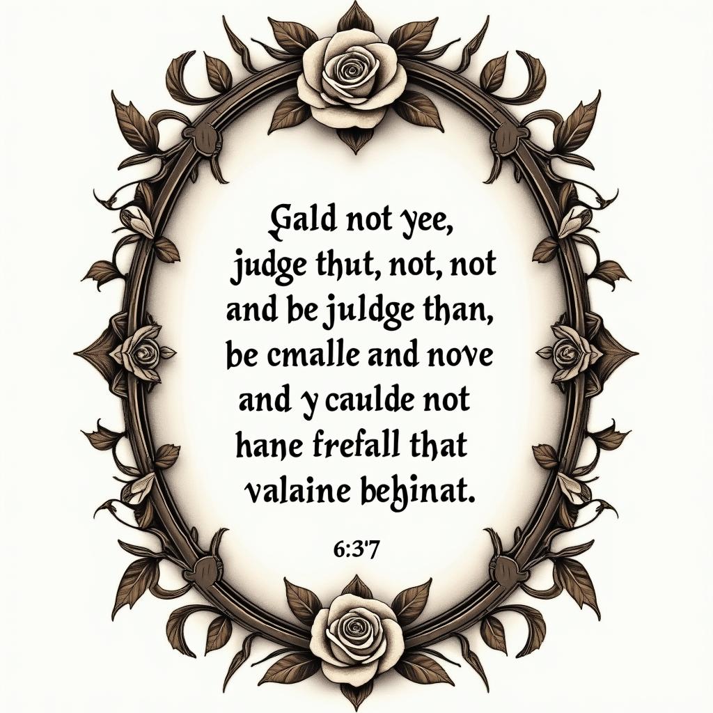 Luke 6:37 -
Judge not, and ye shall not be judged: condemn not, and ye shall not be condemned: forgive, and ye shall be forgiven:in victorian style tattoo, featuring vintage and elegant elements, ornate frames, roses, antique, sepia-toned color scheme - Variation 2