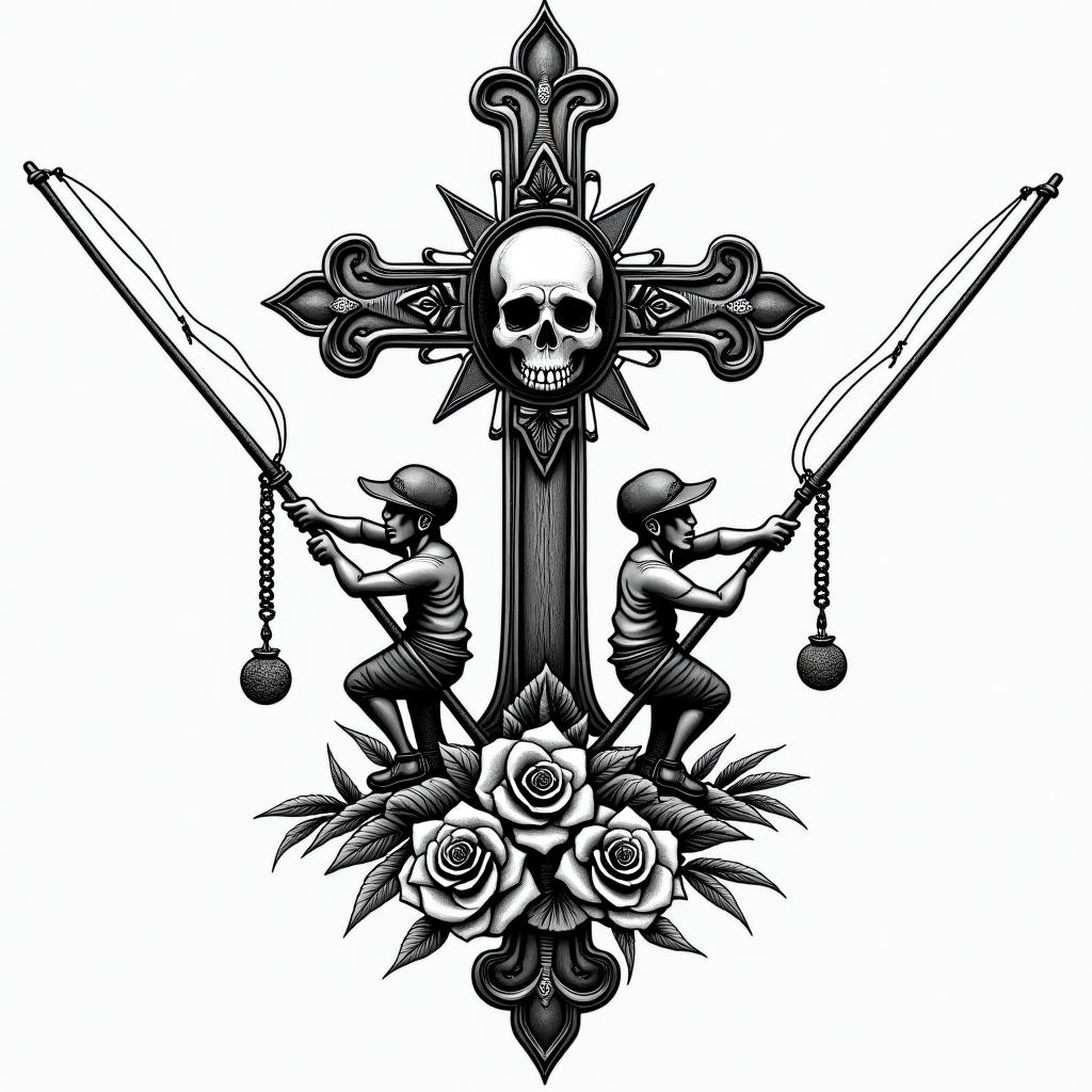 Father and son fishing fishing polesin chicano style tattoo, featuring intricate black and grey shading, bold elements of traditional chicano culture symbols, add a big cross with skull, chains and roses - Variation 4
