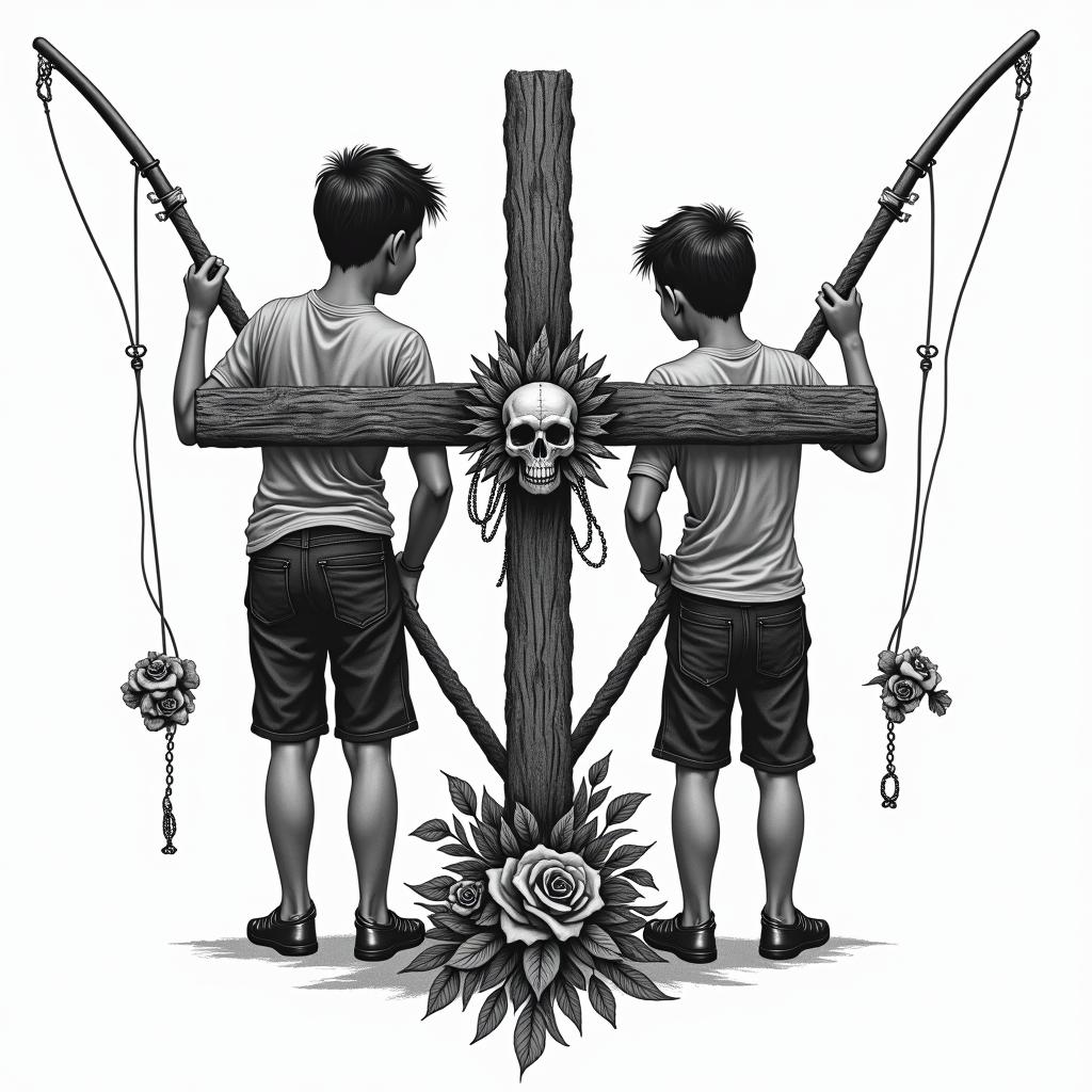 Father and son fishing fishing polesin chicano style tattoo, featuring intricate black and grey shading, bold elements of traditional chicano culture symbols, add a big cross with skull, chains and roses - Variation 3